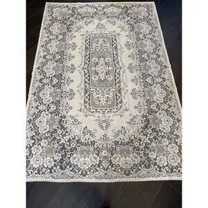 Vtg Lace Tablecloth 82x56” Floral Center Medallion Off-White Cottage Granny Core